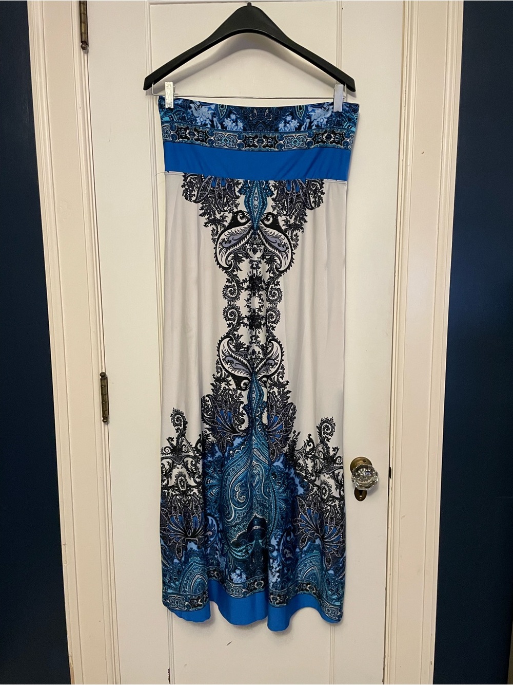Blue and White Paisley Strapless Maxi dress